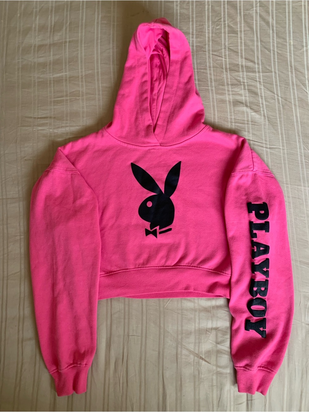 PLAYBOY Neon Pink Cropped Hoodie with Black Bunny Logo